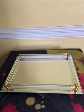 Mid Century Mirrored Glass Vanity Tray with Gold-Tone Accents and Glass Rods
